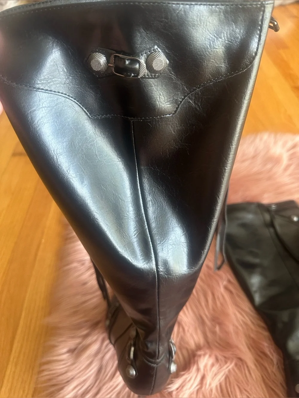 Women's Black Pointed-Toe Knee Boots with Decorative Straps